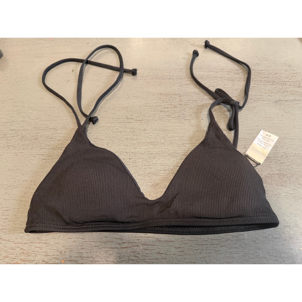 L Space Black Ribbed Triangle Bikini Top Adjustable Straps Small NWOT